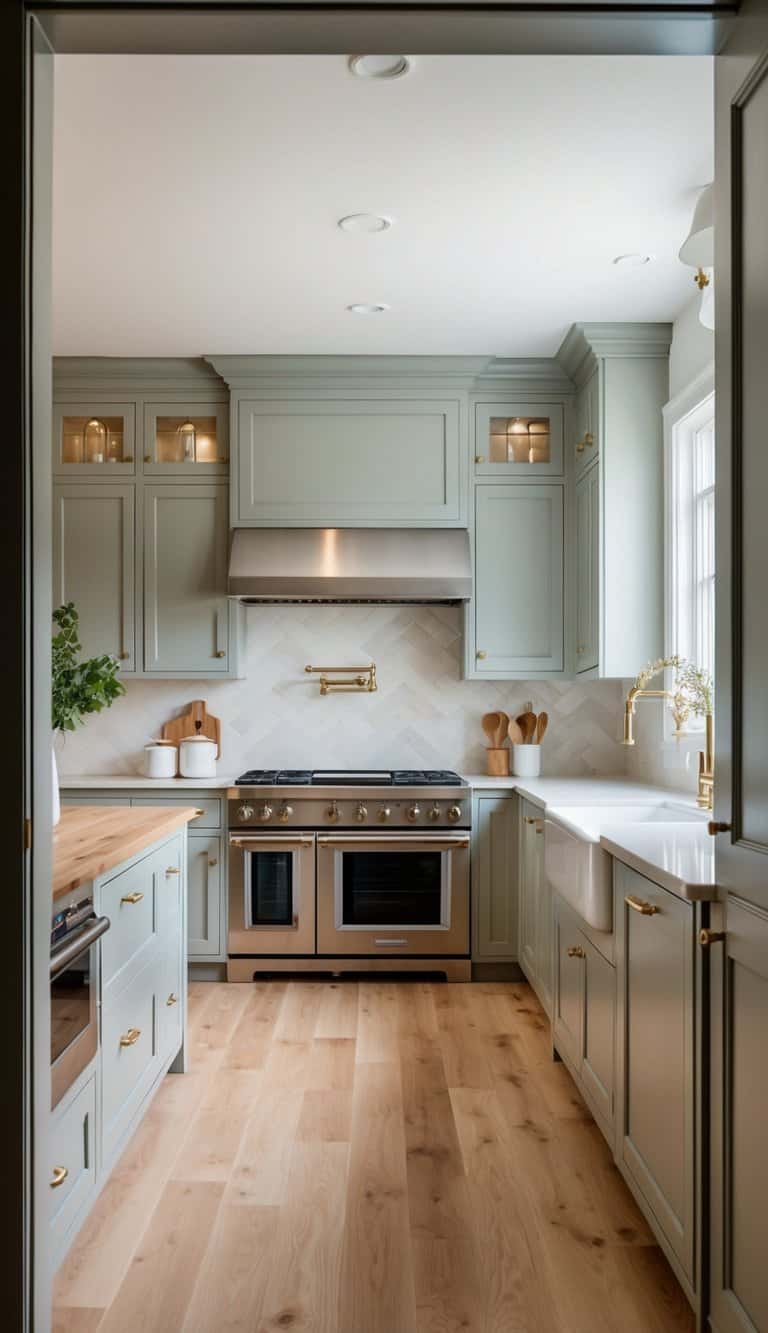 A spacious, elegant kitchen with light wood flooring, maximizing space and natural light