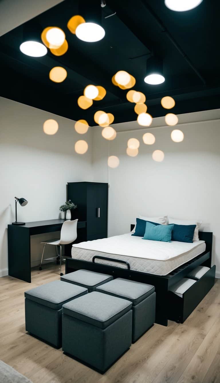A 3x4 bedroom with a bed that can be folded into a sofa, a desk that doubles as a nightstand, and storage ottomans that serve as seating