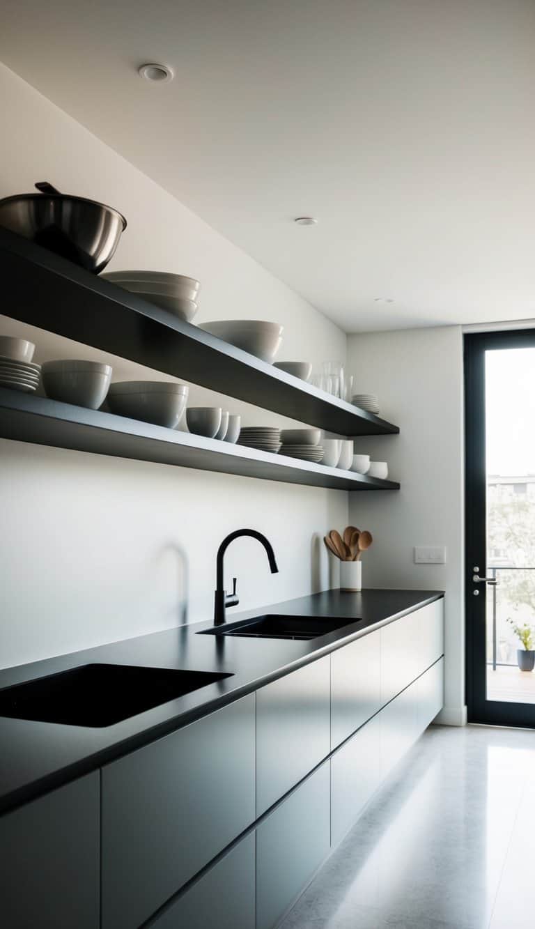 A sleek, modern kitchen with floating shelves, clean lines, and abundant natural light
