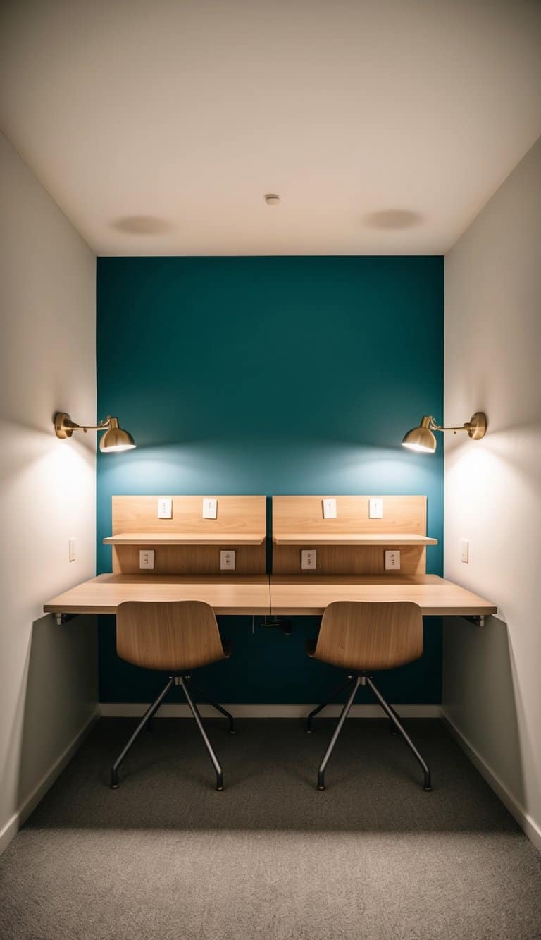A 3x4 bedroom with wall-mounted desks for efficiency, space-saving design