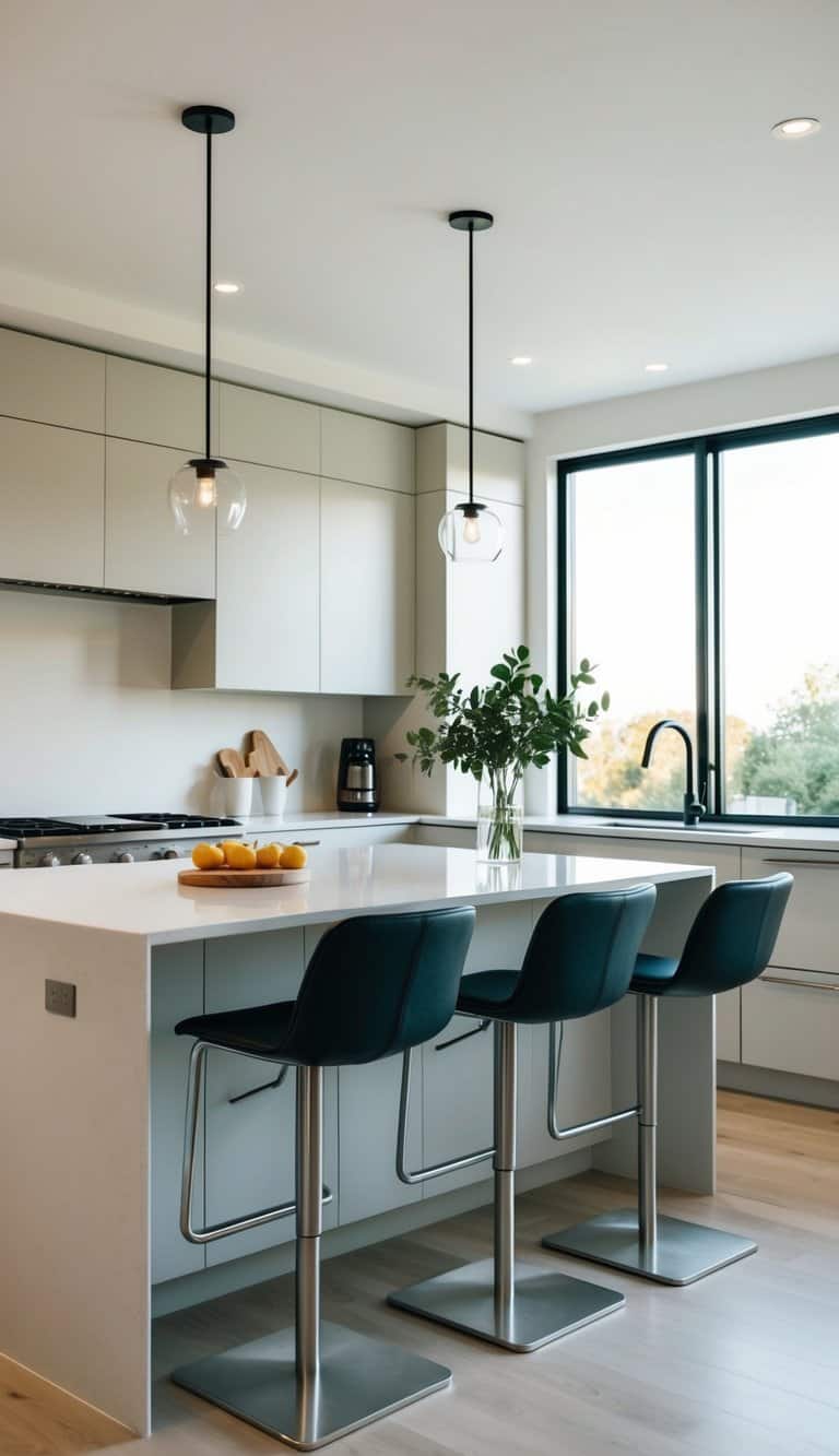 A modern kitchen with sleek, minimalist bar stools, clean lines, and ample natural light