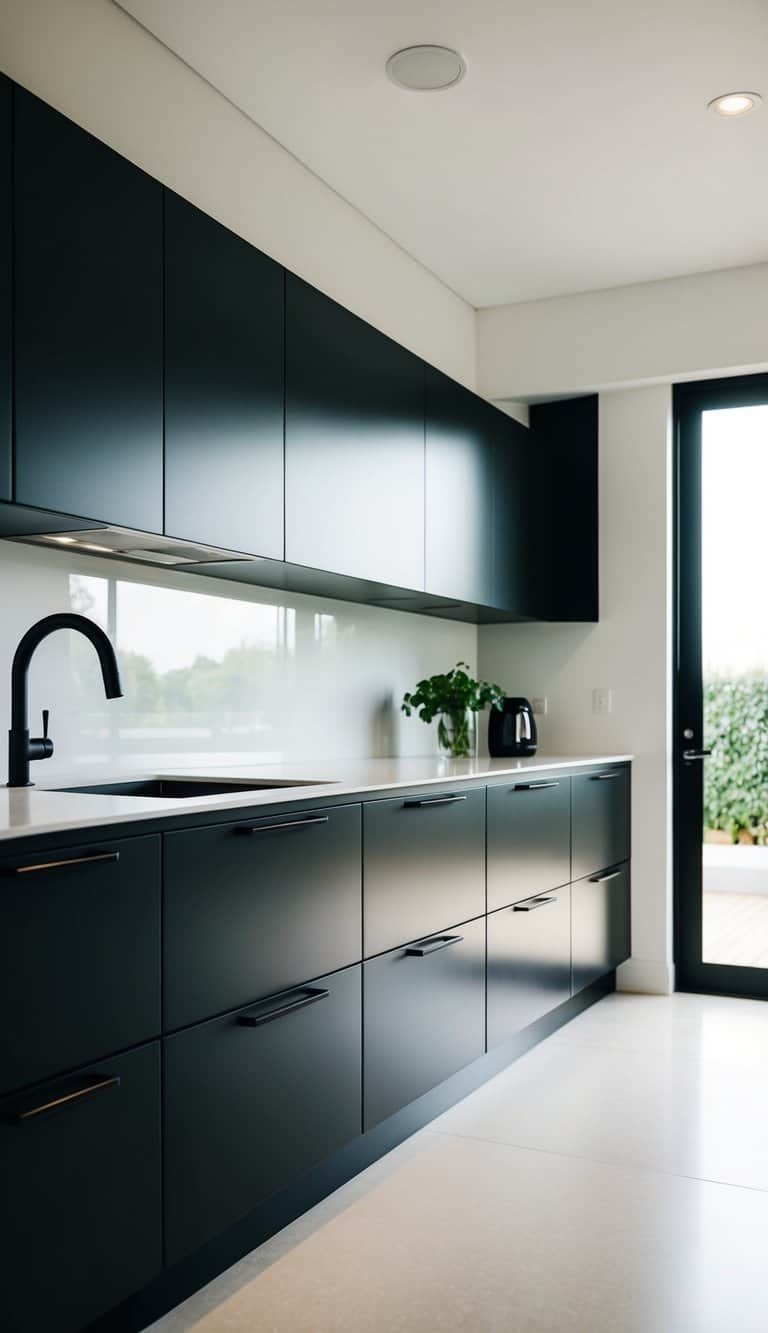 A sleek, modern kitchen with integrated handles on seamless cabinets. Clean lines, minimal design, and ample natural light