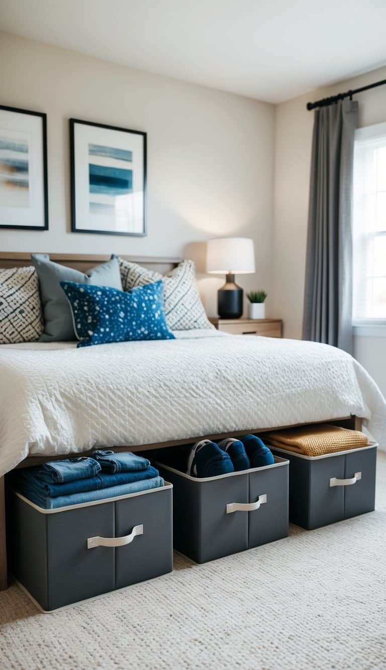 Under-bed storage containers neatly organized with clothing and accessories, maximizing space in a 3x4 bedroom