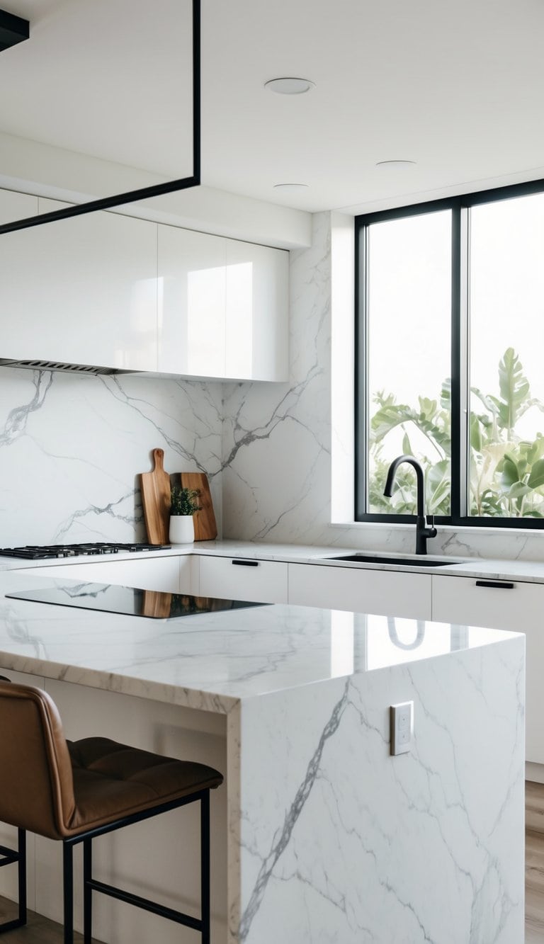 A sleek, modern kitchen with white marble countertops, minimalist design, and abundant natural light