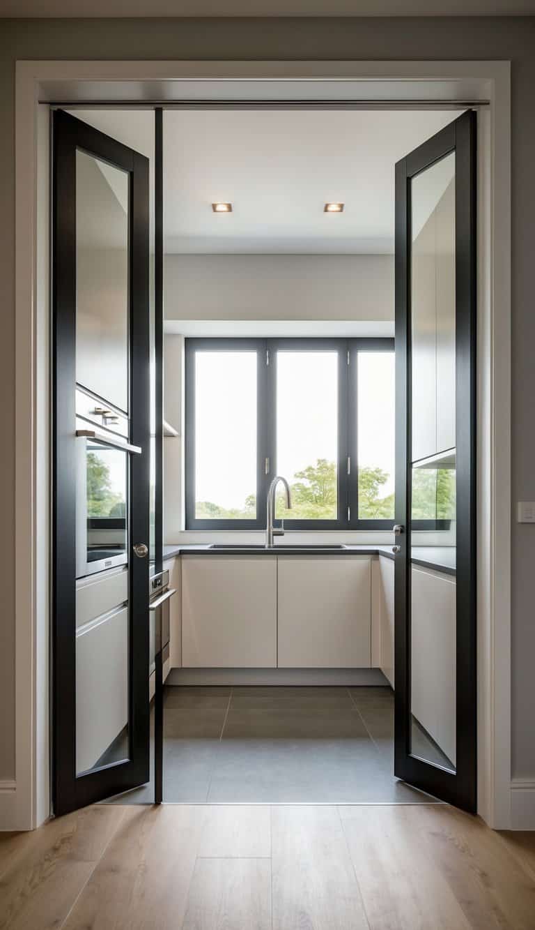 A sleek, modern kitchen with elegant pocket doors maximizing floor space and allowing natural light to flood the room