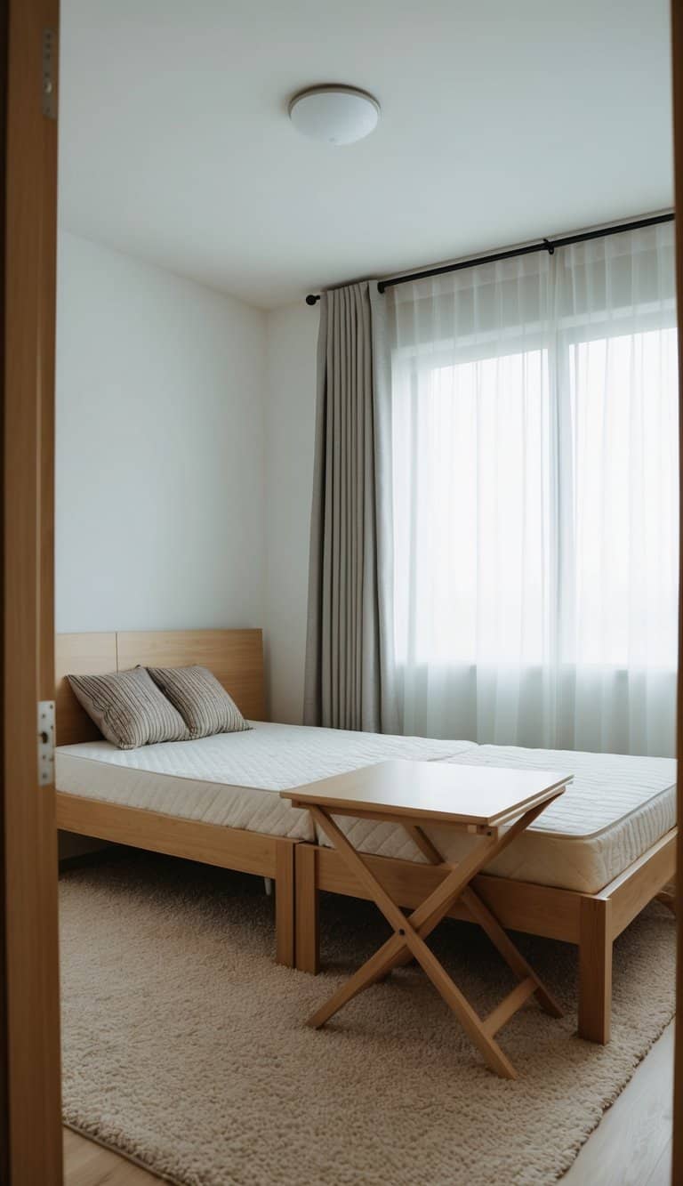 A 3x4 bedroom with fold-away tables maximizing floorspace