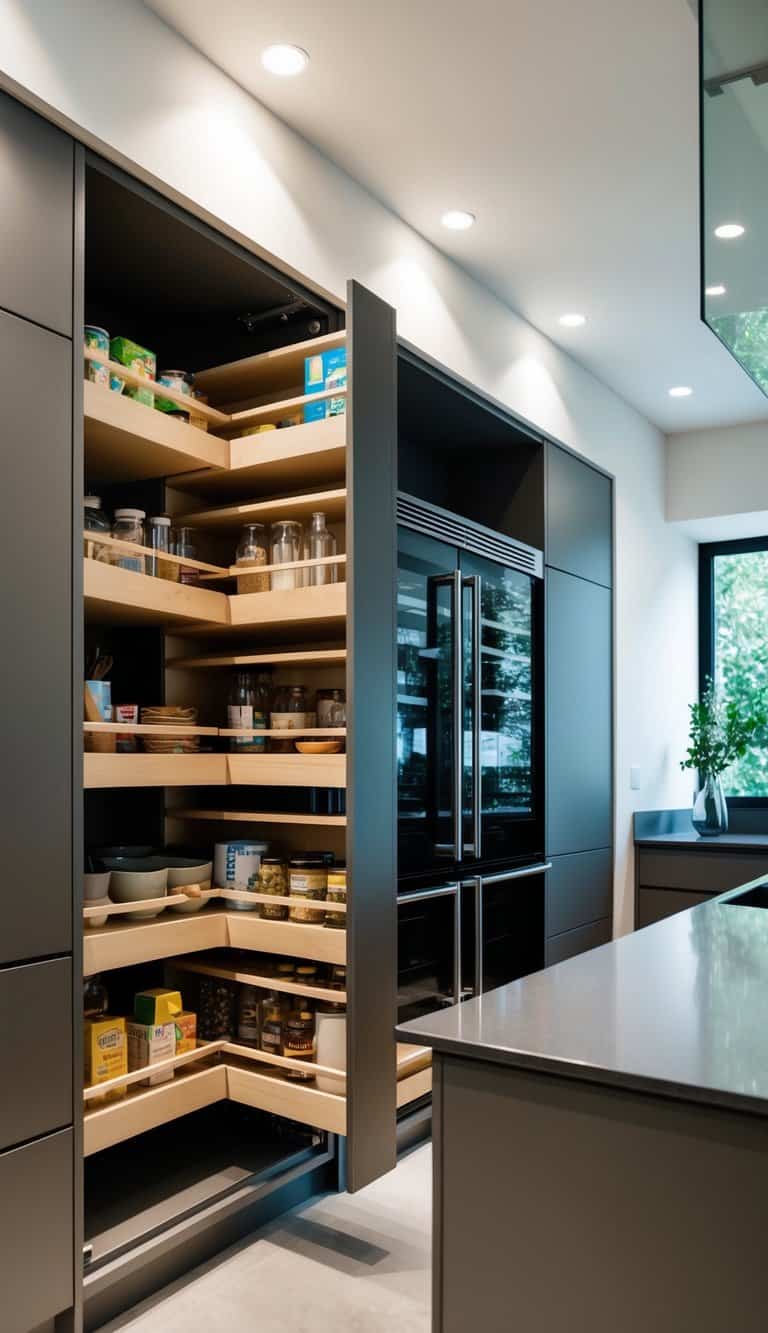 A sleek, modern kitchen with pull-out pantry shelves, flooded with natural light and cleverly designed to maximize space