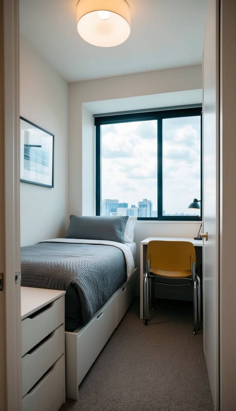 A compact 3x4 bedroom with stackable chairs for versatility. Bed, desk, and storage maximize space