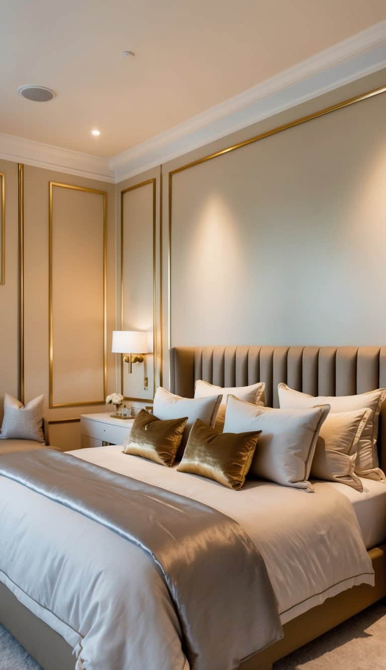 A cozy bedroom with beige walls, gold accents, and soft lighting. A plush bed with neutral bedding and metallic throw pillows. Elegant furniture and minimal decor create a luxurious yet inviting atmosphere