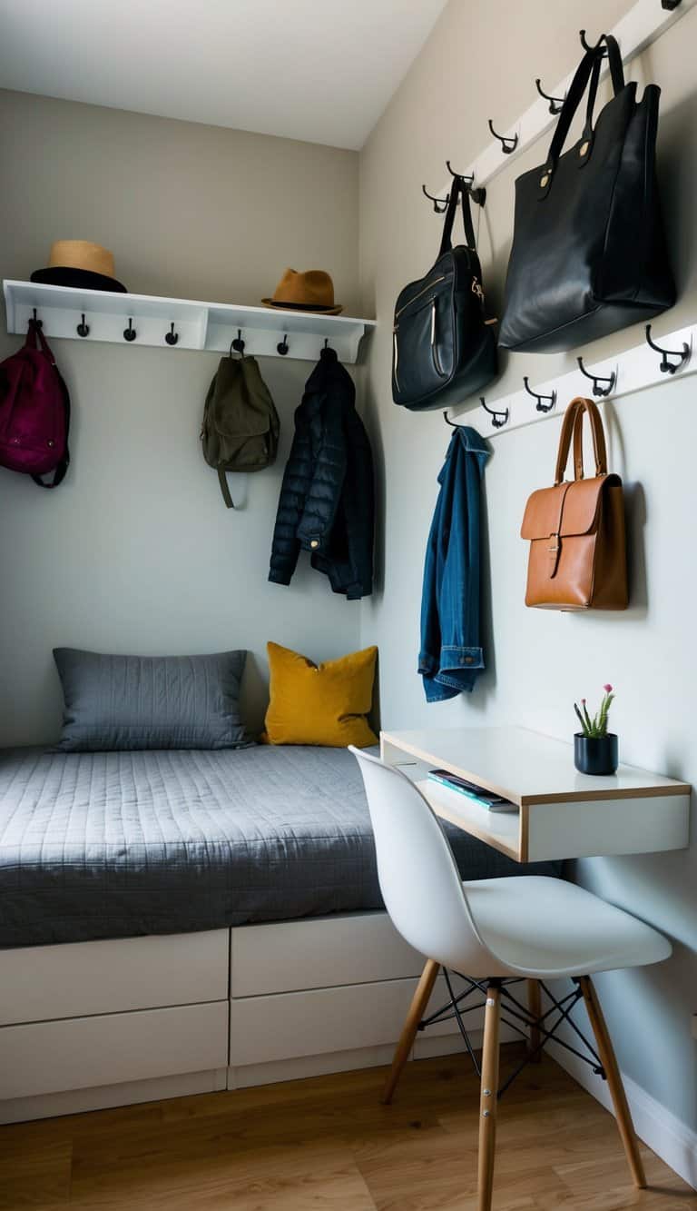 Hooks installed on walls, holding bags, hats, and jackets. Bed with storage drawers underneath. Compact desk with shelves above. Efficient use of space in 3x4 bedroom