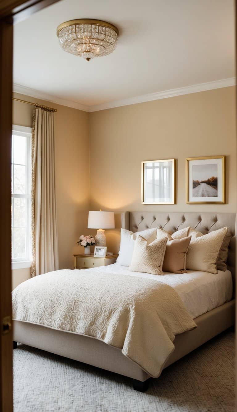 A cozy bedroom with beige and gold walls, featuring soft lighting and elegant decor