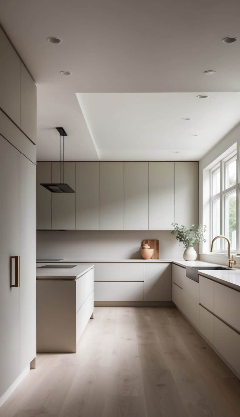 A spacious, elegant kitchen with soft, neutral wall colors and ample natural light. Clean lines and minimalistic design create a calming atmosphere