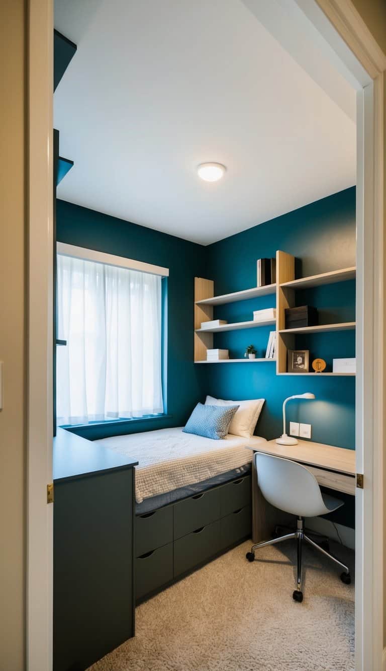 A 3x4 bedroom with built-in shelves for organization, a bed with under-bed storage, a desk with wall-mounted shelves, and a small dresser