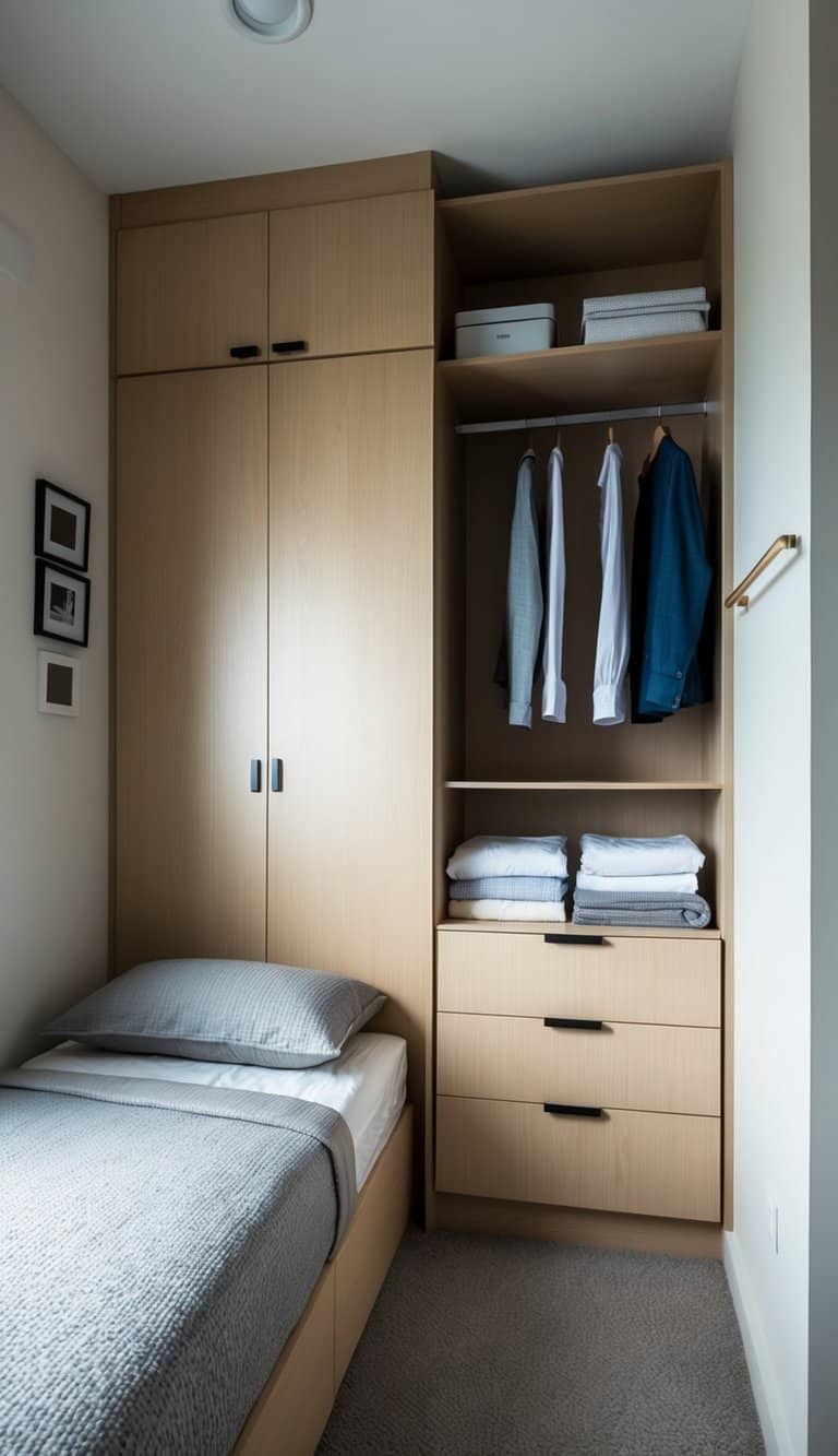 A 3x4 bedroom with a compact wardrobe, bed, and storage solutions. Efficient use of space with functional design elements