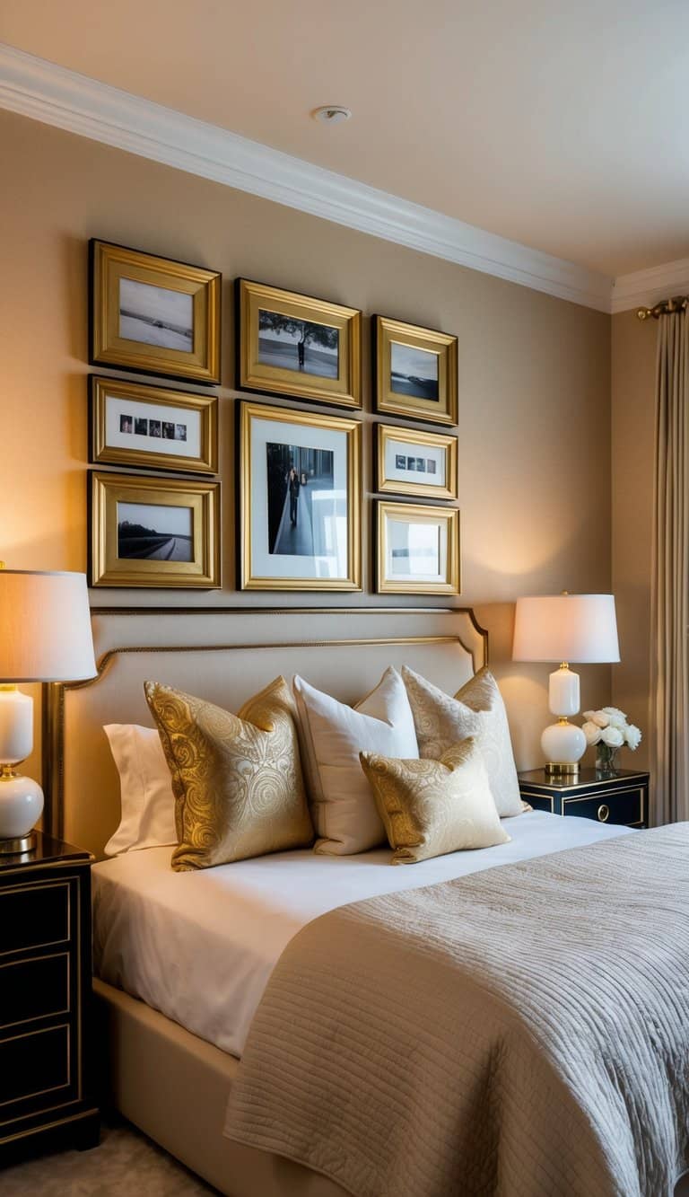 Golden picture frames adorn beige walls in a luxurious bedroom, adding elegance and warmth to the space