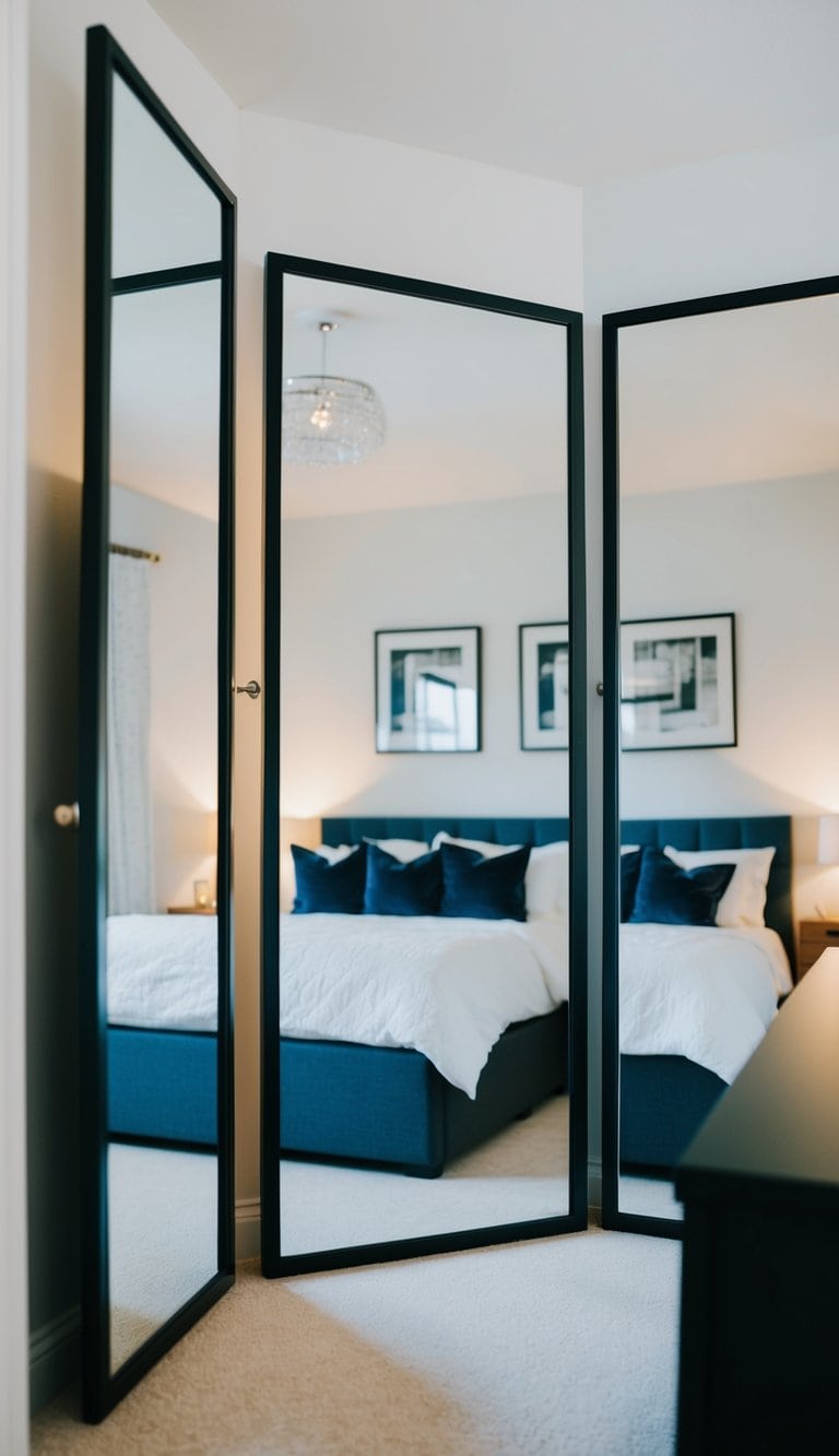 Multiple mirrors positioned to reflect the room's space, creating a sense of openness and depth in the 3x4 bedroom