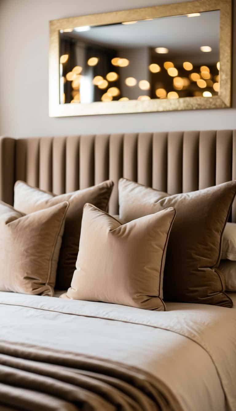 A cozy bedroom with beige velvet throw pillows on a luxurious bed, surrounded by gold accents and warm lighting
