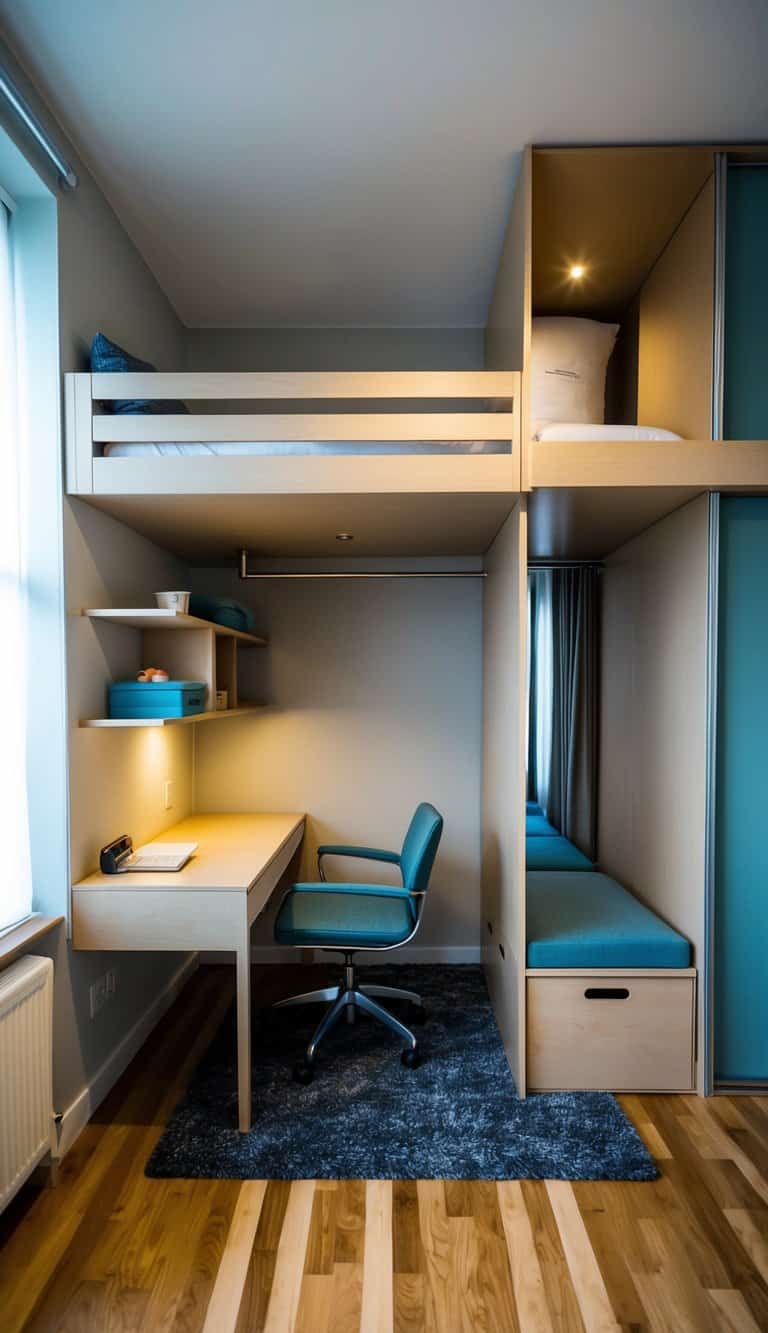 A 3x4 bedroom with modular furniture: loft bed, built-in storage, fold-down desk, sliding closet, and multi-functional seating