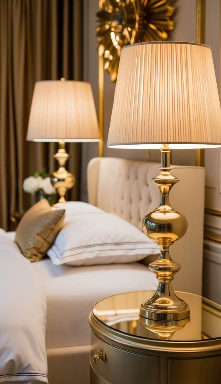 Two elegant bedside lamps with golden bases and beige lampshades illuminate a luxurious bedroom with a gold color scheme