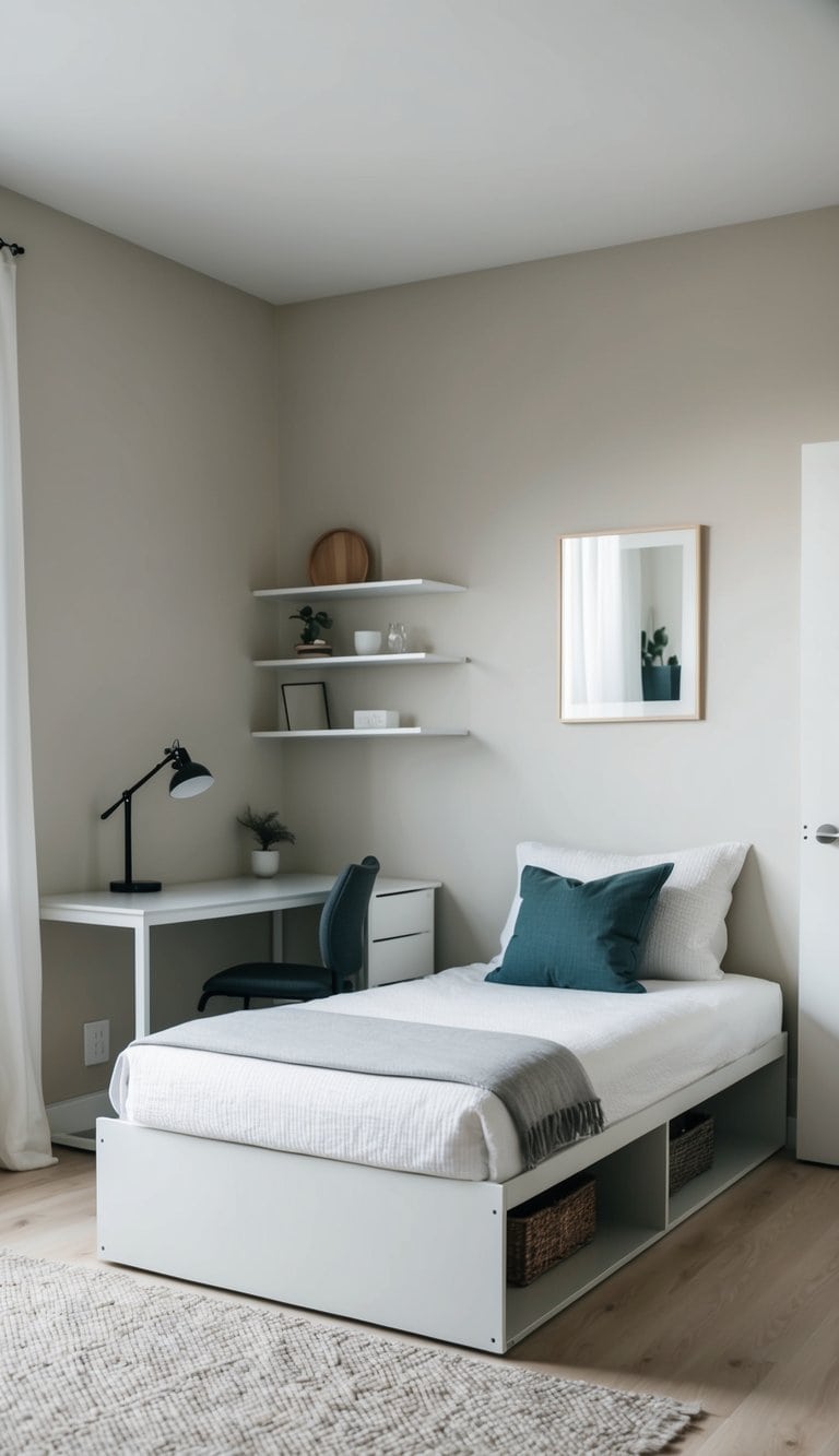 A 3x4 bedroom with minimalistic decor: a simple bed with storage underneath, a compact desk, wall-mounted shelves, and a neutral color palette for clarity and space-saving functionality