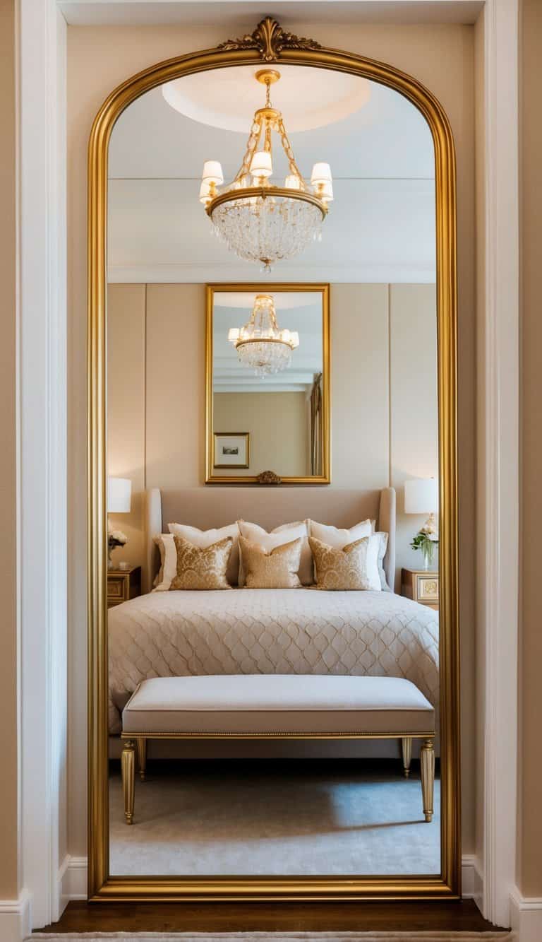 A luxurious bedroom with gold-trimmed mirrors, beige and gold decor, and elegant furnishings