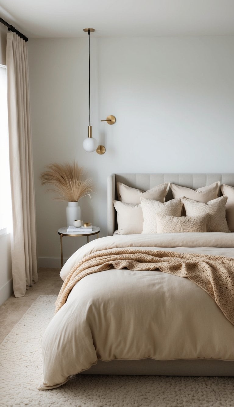 A serene bedroom with beige bedding, gold accents, and minimalist decor, creating a calming and elegant atmosphere