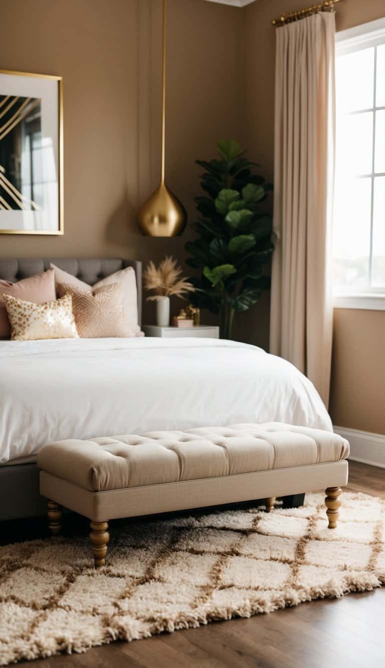 A cozy bedroom with a plush beige area rug, accented with gold decor and warm lighting