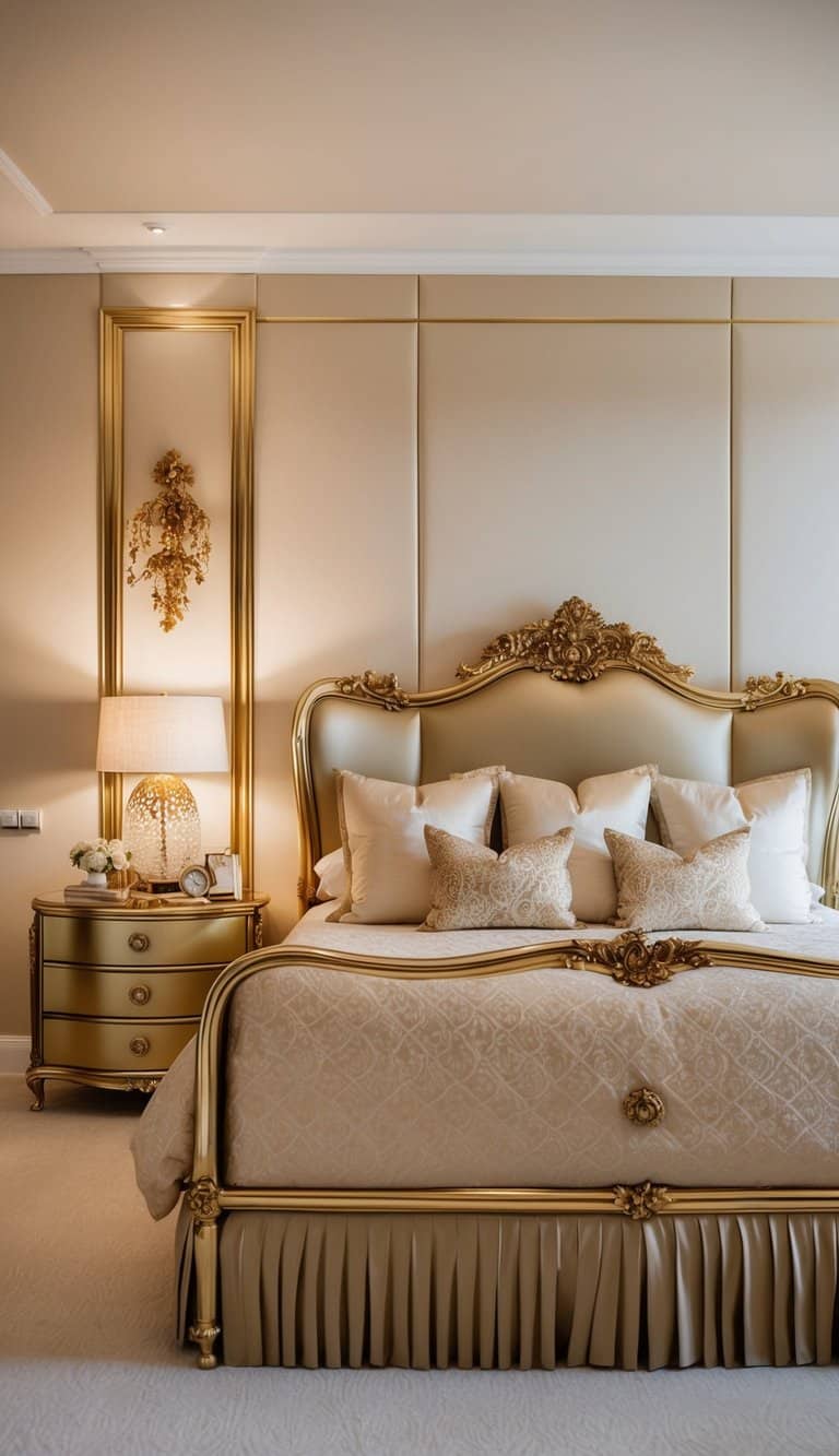 A luxurious beige and gold bedroom with a stunning gold bed frame as the focal point. Elegant and opulent decor accents complete the lavish design