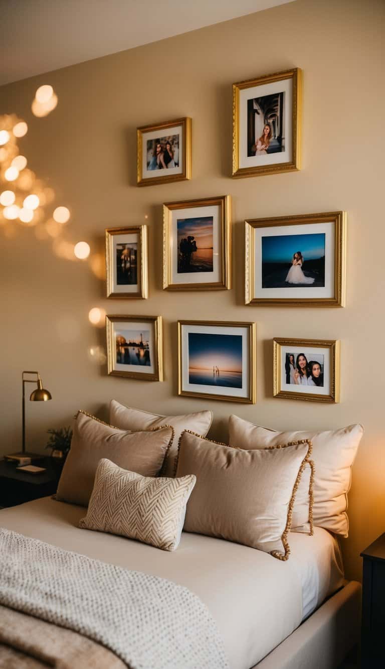 A cozy bedroom with beige walls and gold-trimmed photo frames hanging above a plush bed. Warm lighting creates a inviting atmosphere